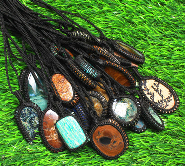 Macrame Pendants – Handmade, Thread-Wrapped, Assorted Gemstones | Wholesale