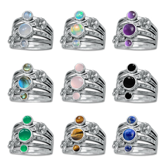FloraWhirl Sterling Silver Floral Ring – Natural Gemstone Variants | Made to Order
