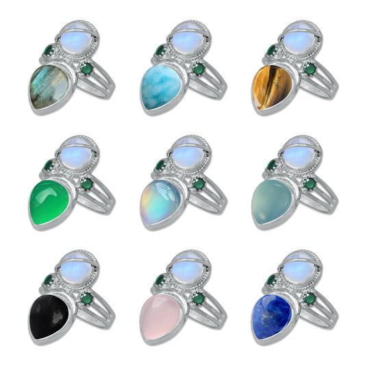 Sterling Silver Moonstone Twin Gemstone Teardrop Ring – Dual Stone Design | Made to Order