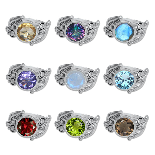 Sterling Silver Leaf Embrace Ring with Natural Gemstones – 9 Variants | Made to Order