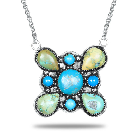 Navajo Turquoise Rainbow Cross Pendant Necklace | Oxidized Silver Plated Brass | 24" Chain