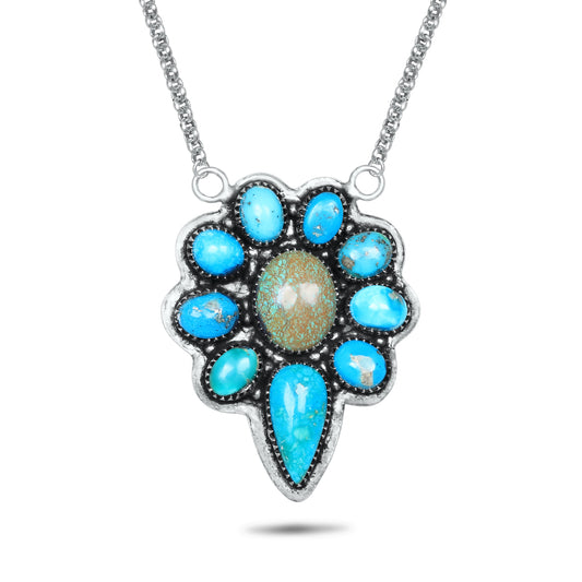 Navajo Turquoise Shield Halo Necklace | Oxidized Silver Plated Brass | 24" Chain