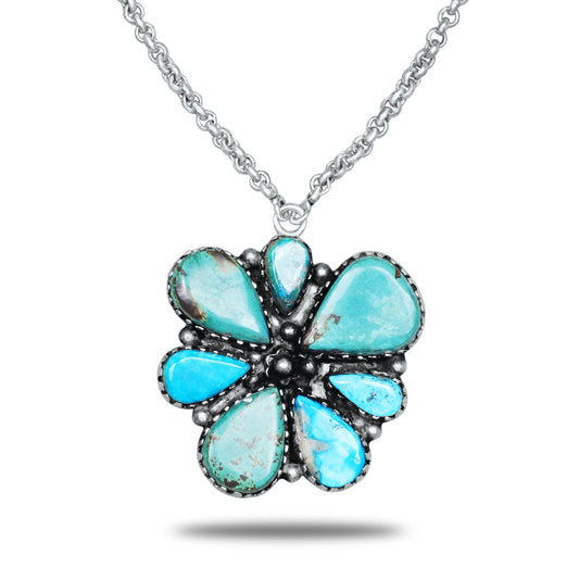 Navajo Turquoise Clover Blossom Necklace | Oxidized Silver Plated Brass | 24" Chain