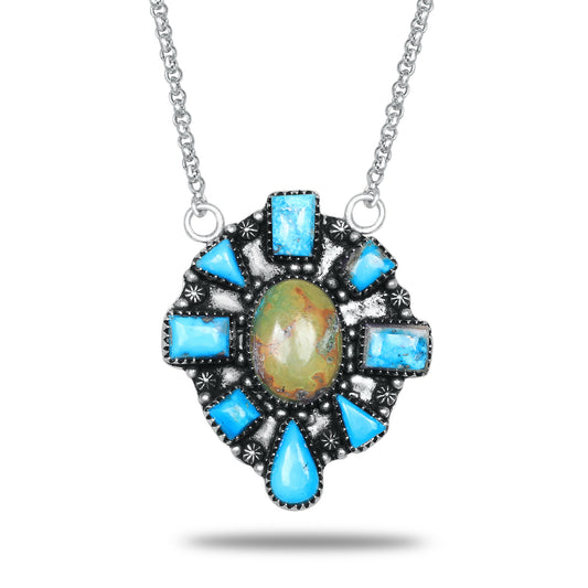 Navajo Turquoise Sunburst Necklace | Oxidized Silver Plated Brass | 24" Chain