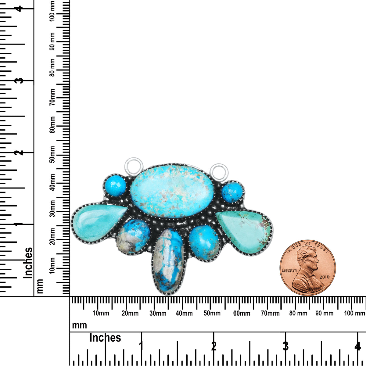 Navajo Turquoise Fan Cluster Necklace | Oxidized Silver Plated Brass | 24" Chain