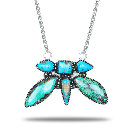 Navajo Turquoise Dragonfly Wing Necklace | Oxidized Silver Plated Brass | 24" Chain
