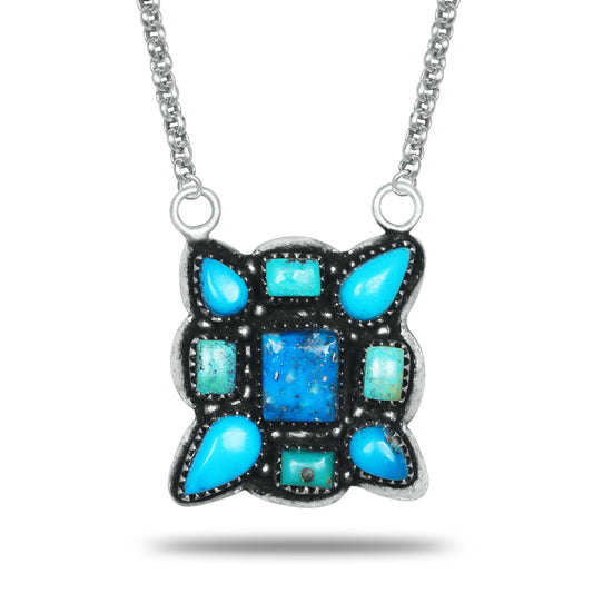 Navajo Turquoise Cross Necklace | Oxidized Silver Plated Brass | 24" Chain