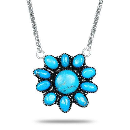 Navajo Turquoise Daisy Bloom Necklace | Oxidized Silver Plated Brass | 24" Chain