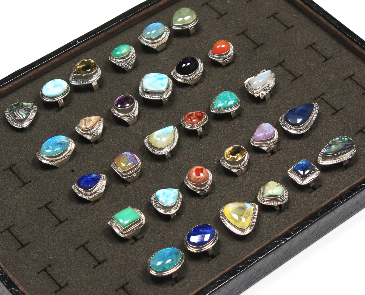 925 Sterling Silver Rings – Assorted Natural Gemstones, Solid Silver (US Sizes 5–10, Non-Adjustable) | Wholesale Lot