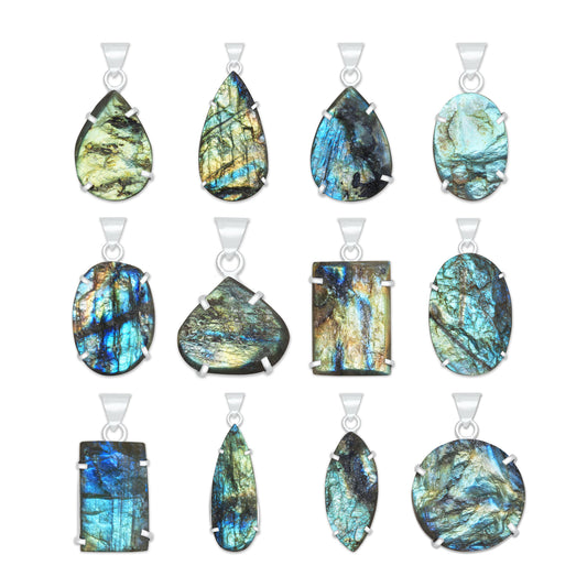 Labradorite Raw Stone Pendants – Prong Set | Silver‑Plated Brass (No Chain) | Wholesale Bundles