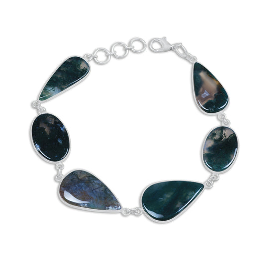 Moss Agate Link Bracelets – Silver-Plated, Adjustable, Minimalist | Wholesale