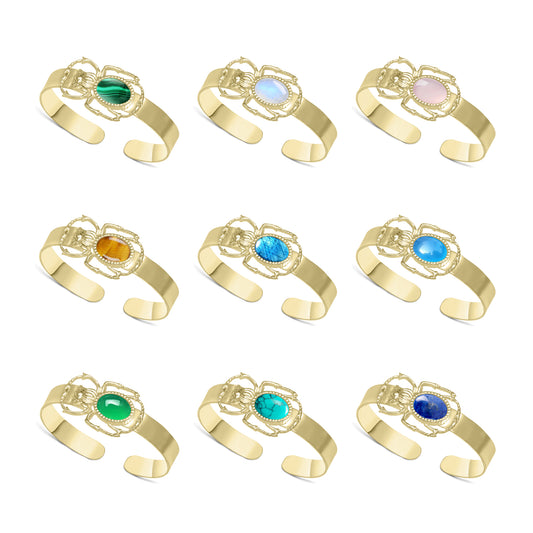 Celestial Scarab Gemstone Bangles – Gold & Silver Tone | Adjustable Boho Cuffs | Wholesale Bundles (Made to Order)
