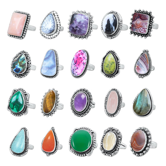 Crystal Rings for Women - Silver Plated, Mixed Sizes, Boho Designs