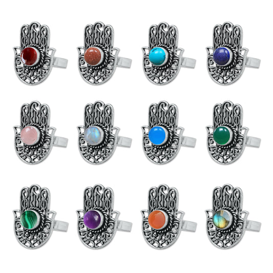 Hamsa Rings – Silver-Plated, Adjustable, Natural Gemstones | Wholesale
