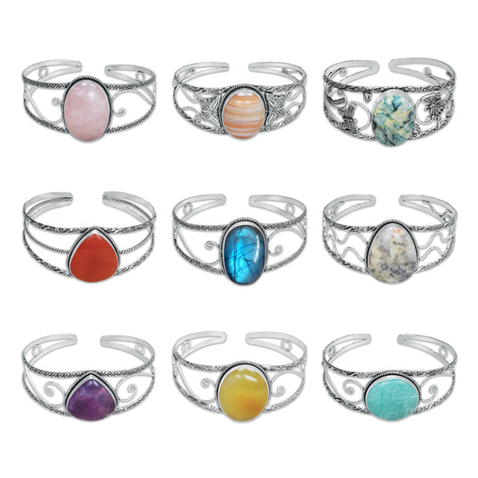 Chunky Gemstone Cuff Bangles – Silver-Plated, Handmade, Bold Boho Style | Wholesale