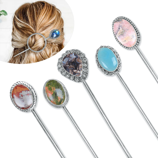 Crystal Hair Bun Pin with Circle Holder – Silver-Plated Brass, Natural Stones, Handmade (Made to Order)