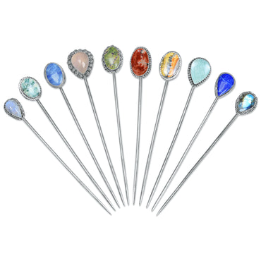 Crystal Hair Bun Pin with Circle Holder – Silver-Plated Brass, Natural Stones, Handmade (Made to Order)