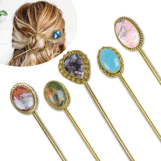 Gemstone Hair Bun Pin with Circle Holder – Brass Stick, Natural Stones, Handmade