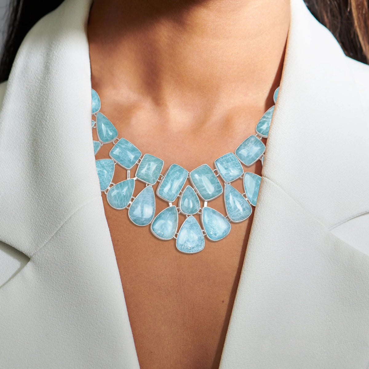 Aquamarine Waterfall Statement Necklace | Natural Aquamarine Cluster Bib Necklace | Silver Plated