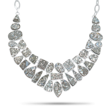 Pyrite Druzy Sparkle Statement Necklace | Natural Pyrite Druzy Cluster Bib Necklace | Silver Plated