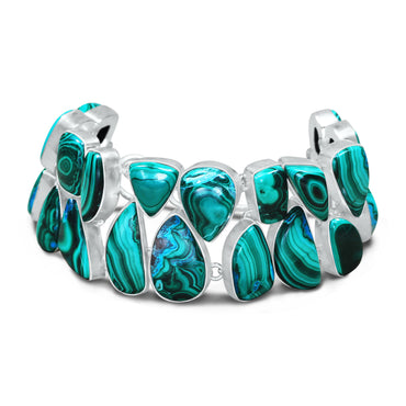 Malachite Statement Link Bracelet | Natural Malachite Gemstone Bracelet | Sterling Silver Plated