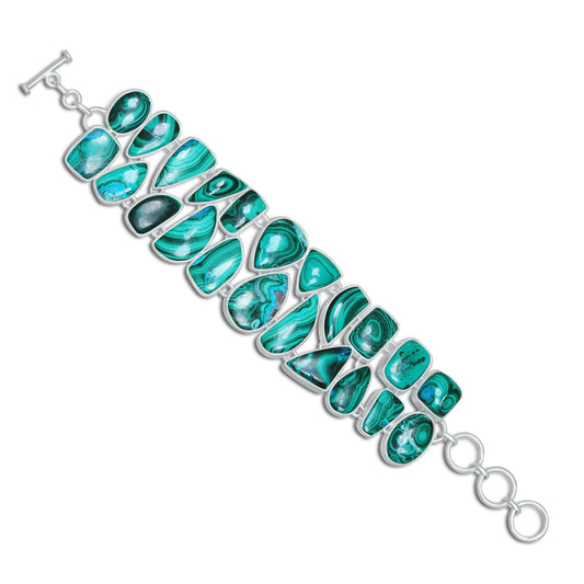 Malachite Statement Link Bracelet | Natural Malachite Gemstone Bracelet | Sterling Silver Plated