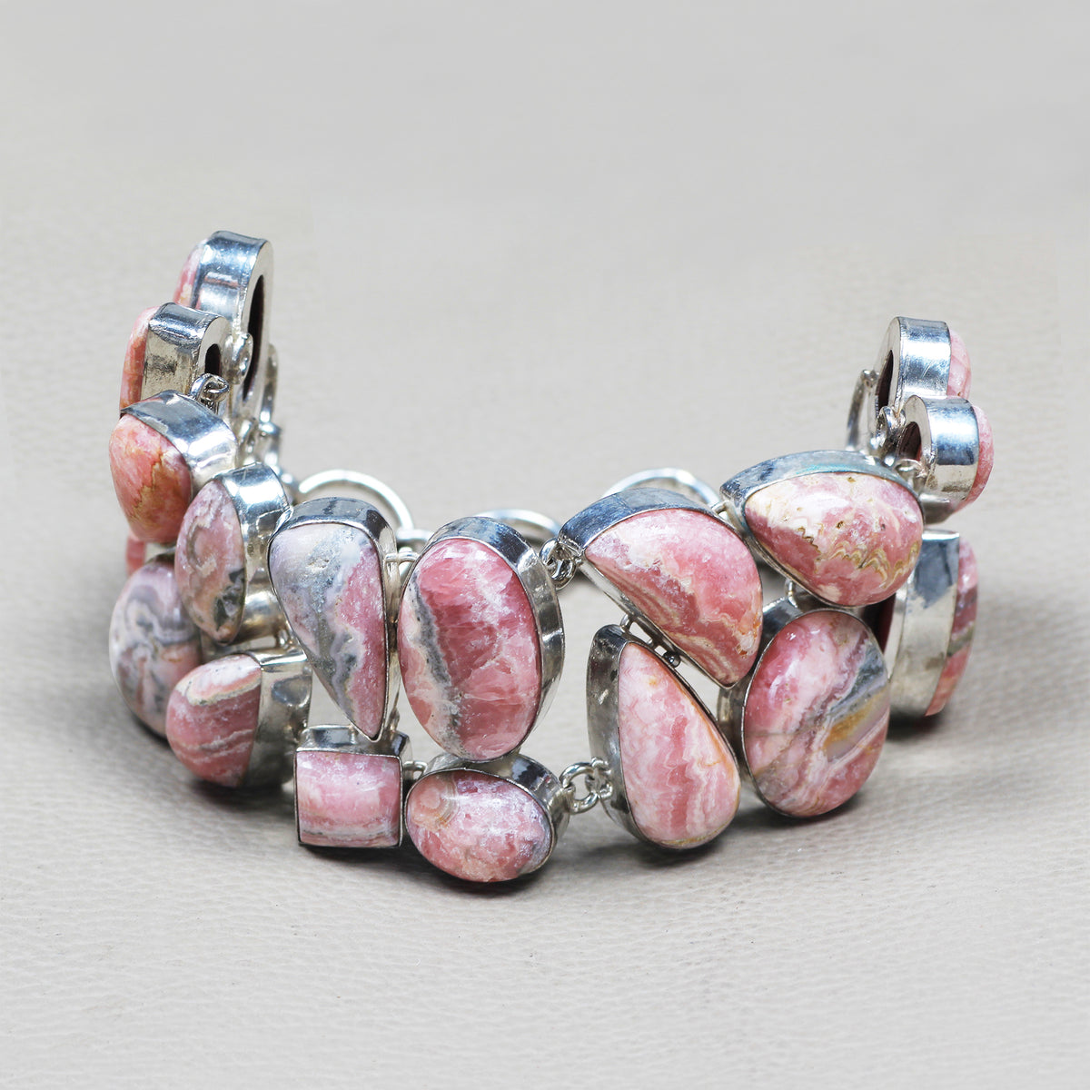 Rhodochrosite Statement Link Bracelet | Natural Pink Gemstone Bracelet | Sterling Silver Plated