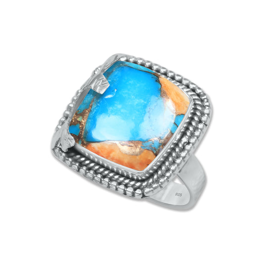 Spiny Oyster Turquoise Ring – Cushion Cabochon | 925 Sterling Silver | Made to Order