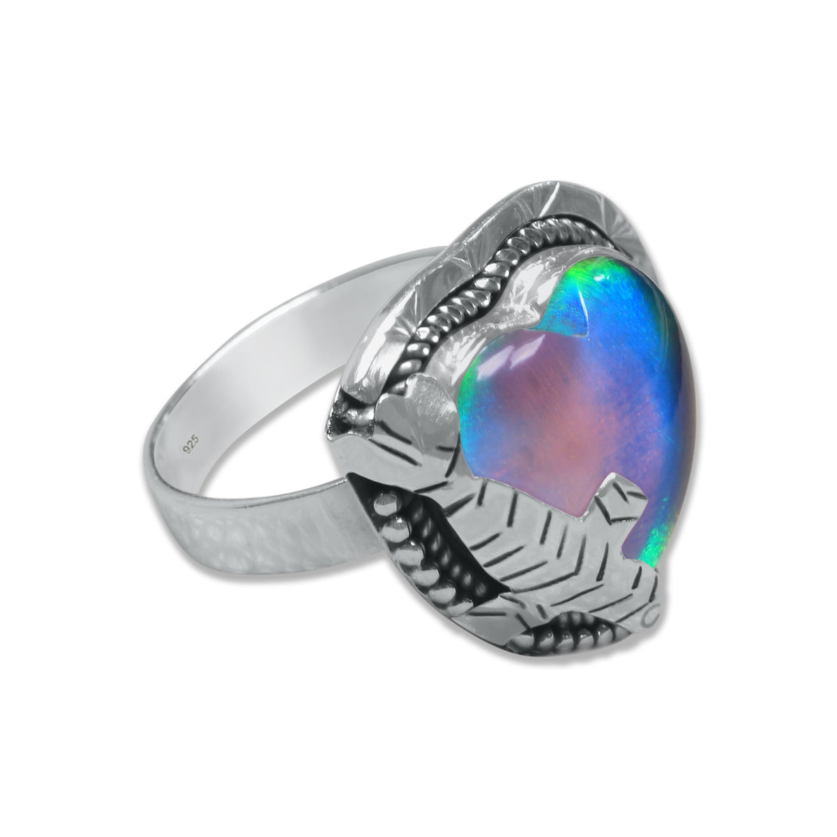 Aurora Opal Ring – Heart Cabochon | 925 Sterling Silver | Made to Order
