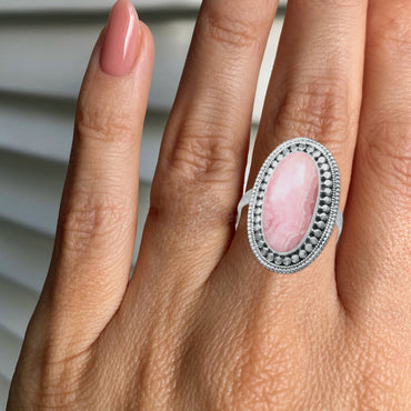 Rhodochrosite Oval Ring – Handmade in 925 Sterling Silver | Soft Pink Crystal Ring | Made to Order
