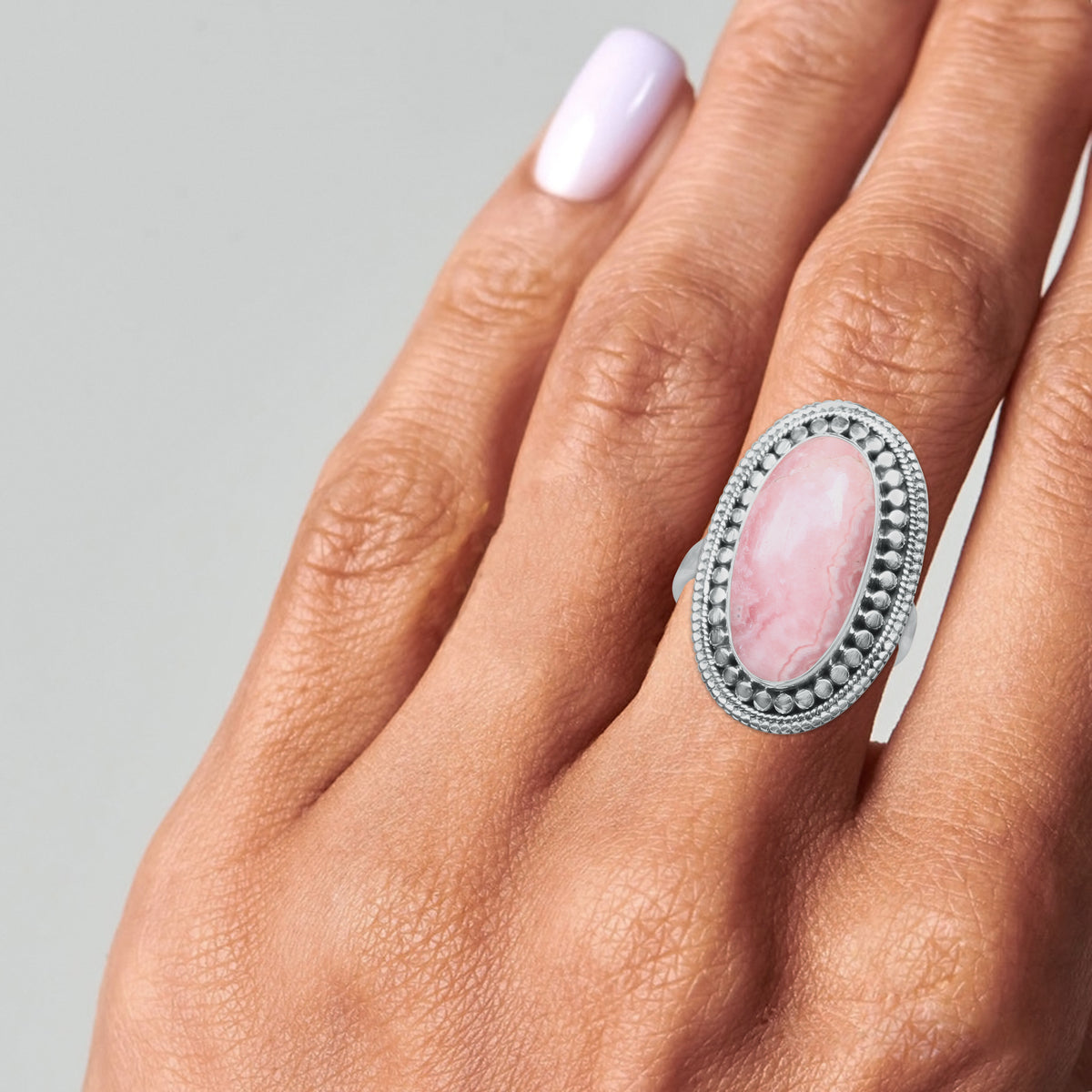 Rhodochrosite Oval Ring β Handmade in 925 Sterling Silver | Soft Pink Crystal Ring | Made to Order