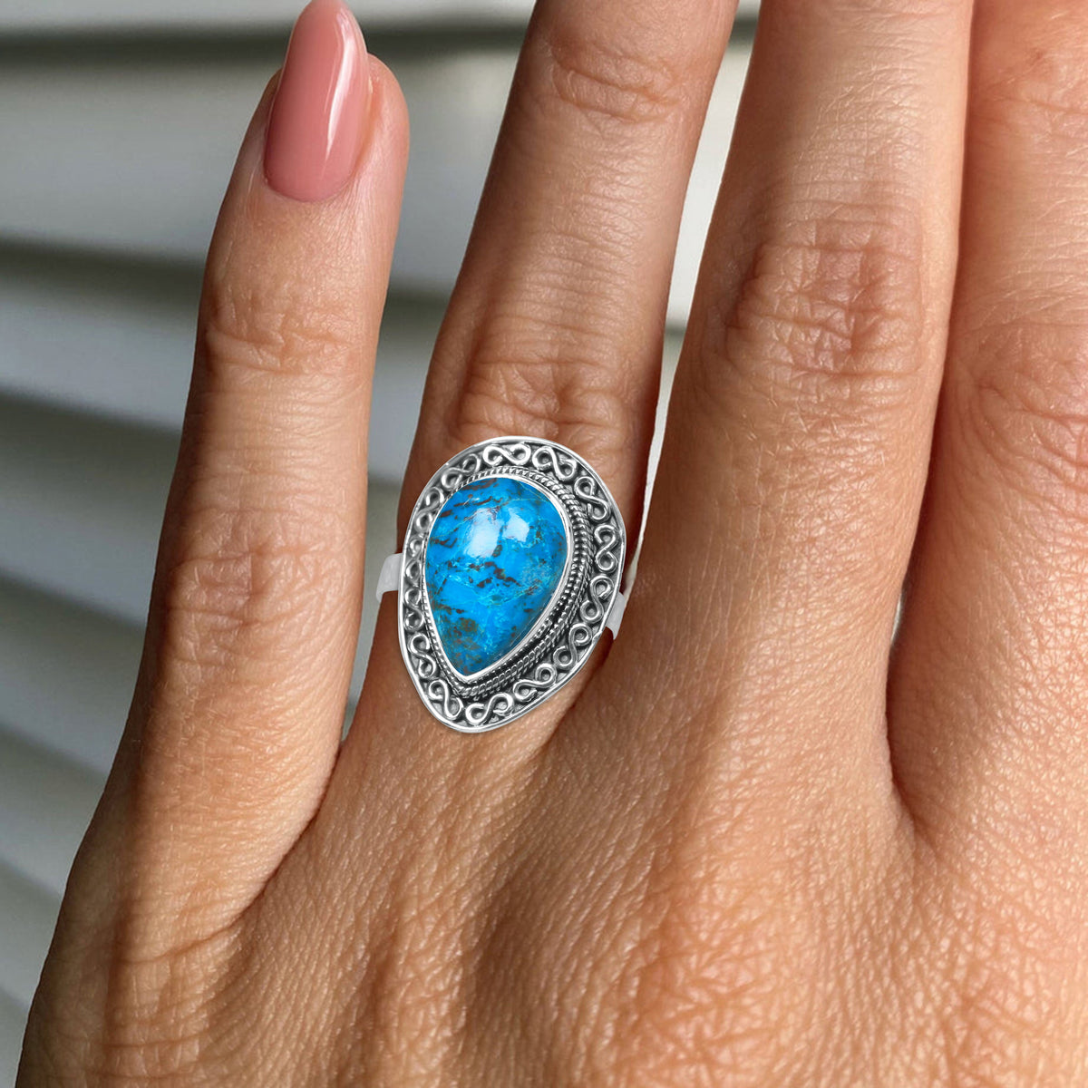 Chrysocolla Teardrop Ring in 925 Sterling Silver – Artisan Scrollwork Frame | Made to Order
