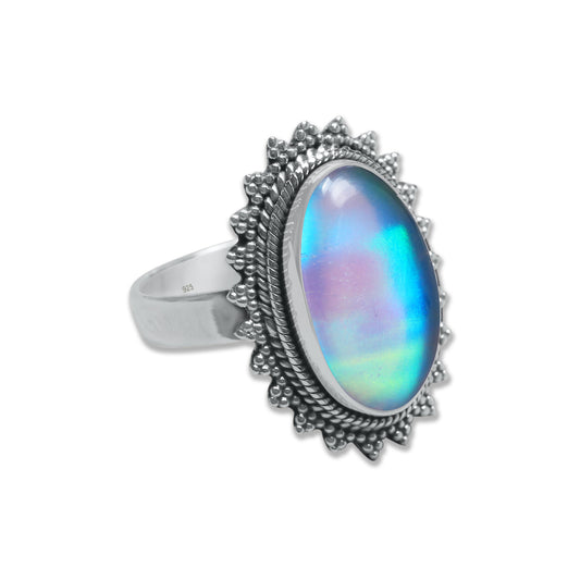 Aurora Opal Statement Ring - 925 Sterling Silver with Ornate Beaded Sunburst Frame | Made to Order