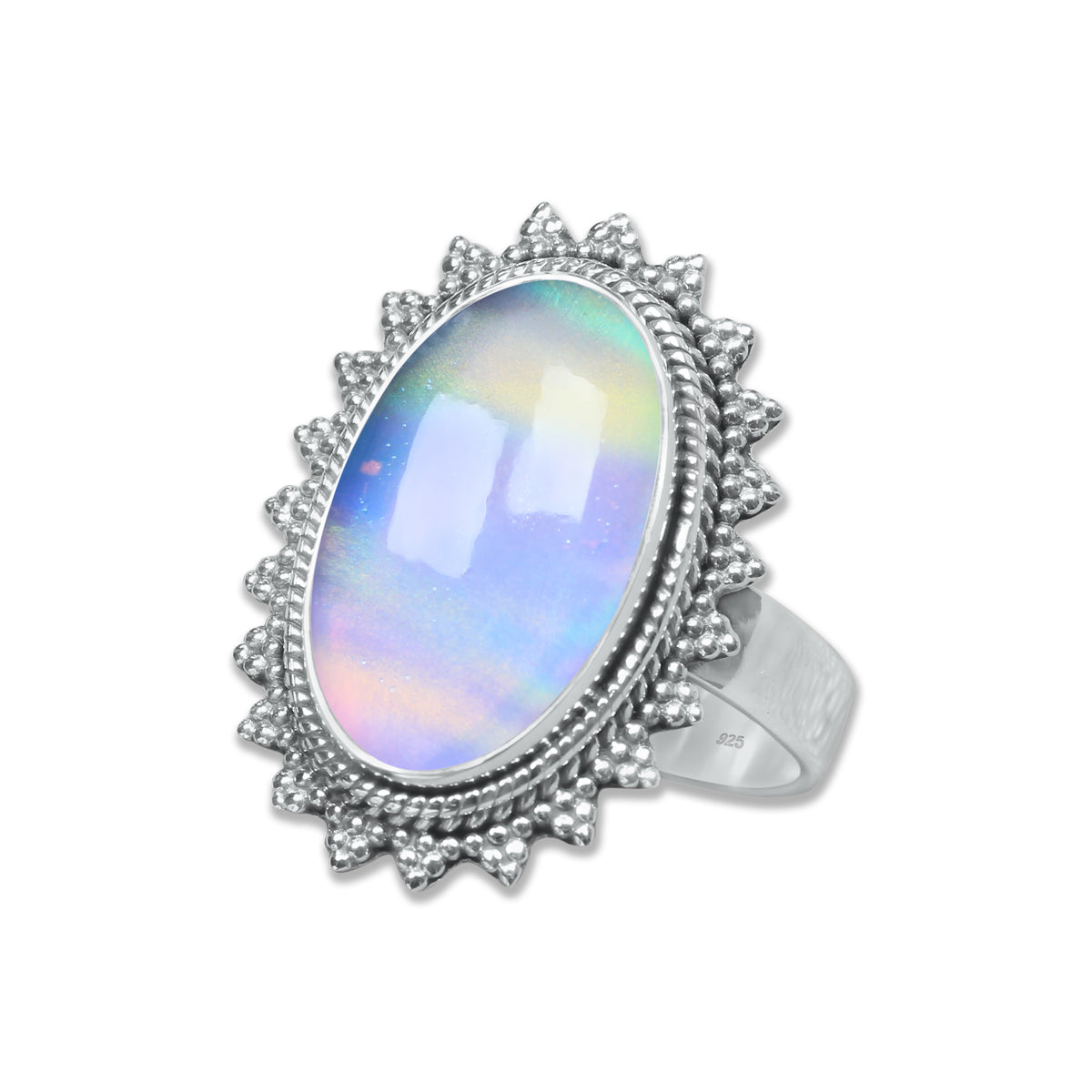 Aurora Opal Statement Ring - 925 Sterling Silver with Ornate Beaded Sunburst Frame | Made to Order