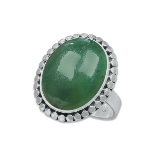 Nephrite Jade Oval Ring – Textured Bezel | 925 Sterling Silver | Handmade to Order