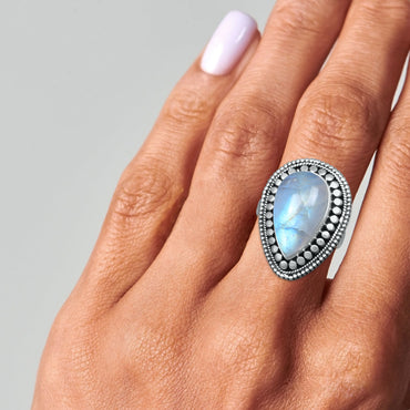 Rainbow Moonstone Pear Ring – Celestial Glow Bezel | 925 Sterling Silver | Made to Order