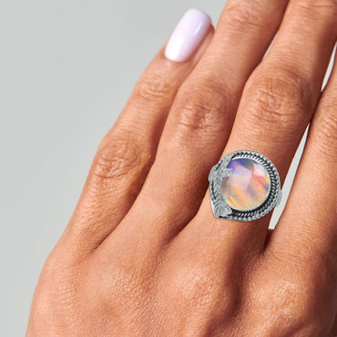Aurora Opal Ring – Round Cabochon | 925 Sterling Silver | Made to Order