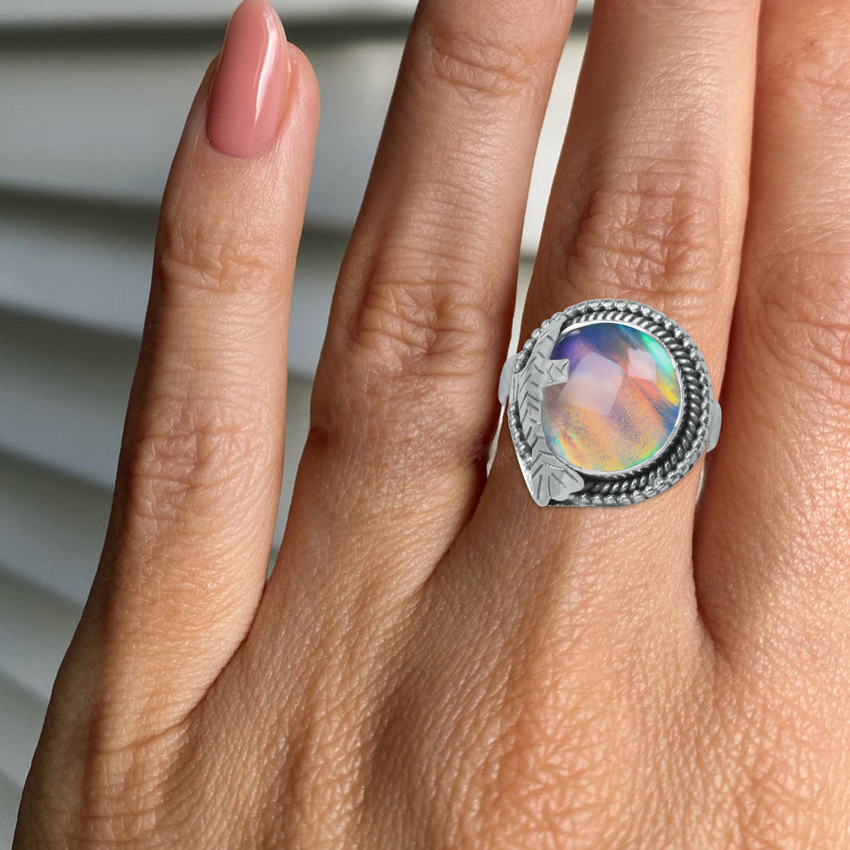Aurora Opal Ring – Round Cabochon | 925 Sterling Silver | Made to Order