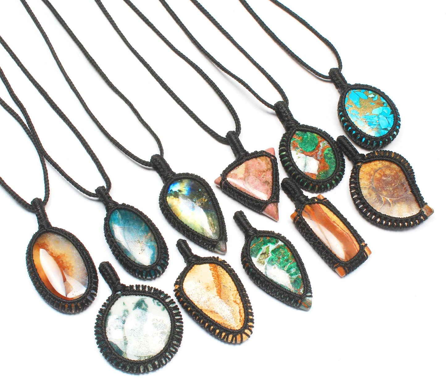 Macrame Pendants – Handmade, Thread-Wrapped, Assorted Gemstones | Wholesale