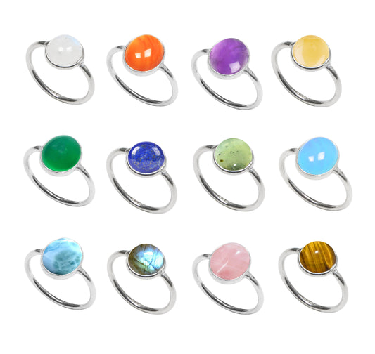 Bezel Stacking Rings – Silver-Plated, Minimalist, Assorted Natural Gemstones | Wholesale