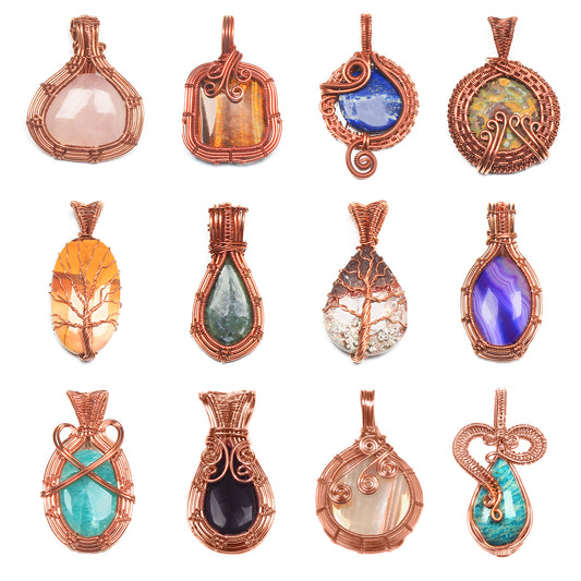 Copper Wire Wrapped Crystal Pendants – Handmade, Boho Artisan, Mixed Stones | Wholesale