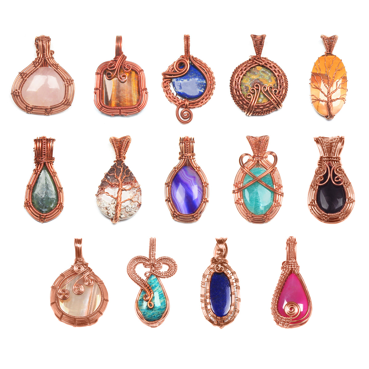 Pendentifs en cristal enveloppés de fil de cuivre - Bijoux artisanaux faits main, style bohème chic - Vente en gros