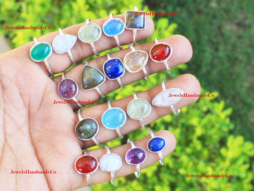 Bezel Stacking Rings – Silver-Plated, Minimalist, Assorted Natural Gemstones | Wholesale