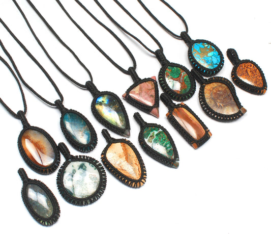 Macrame Pendants – Handmade, Thread-Wrapped, Assorted Gemstones | Wholesale