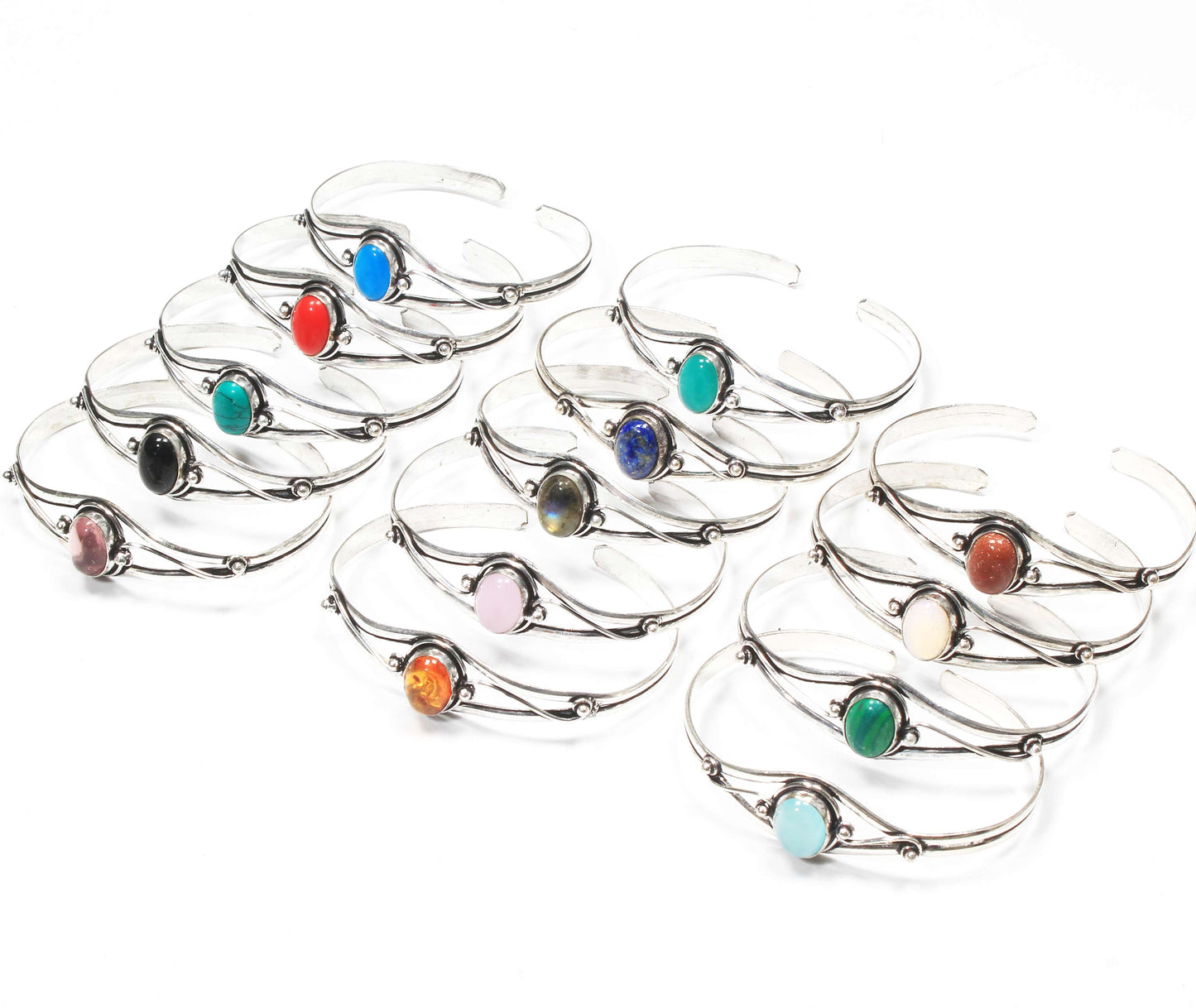 Bracelets manchettes réglables faits main en cristaux multiples naturels pour femmes Lot de gros bracelets joncs plaqués argent avec pierres précieuses assorties