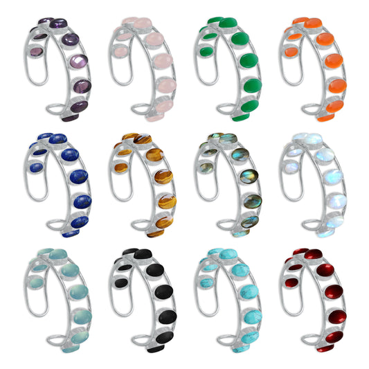 9-Stone Gemstone Bracelets – Silver-Plated, Handmade, Adjustable Cuff Design