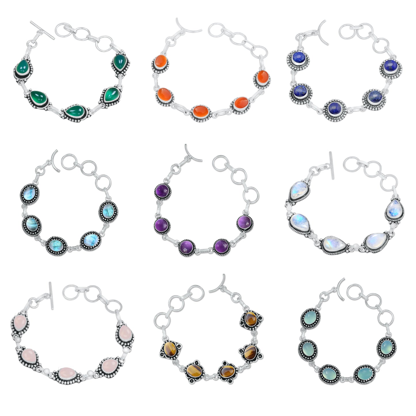 Bracelets en chaîne faits à la main en pierres précieuses multicolores naturelles pour femmes Lot de gros bracelets en cristal plaqué argent assortis
