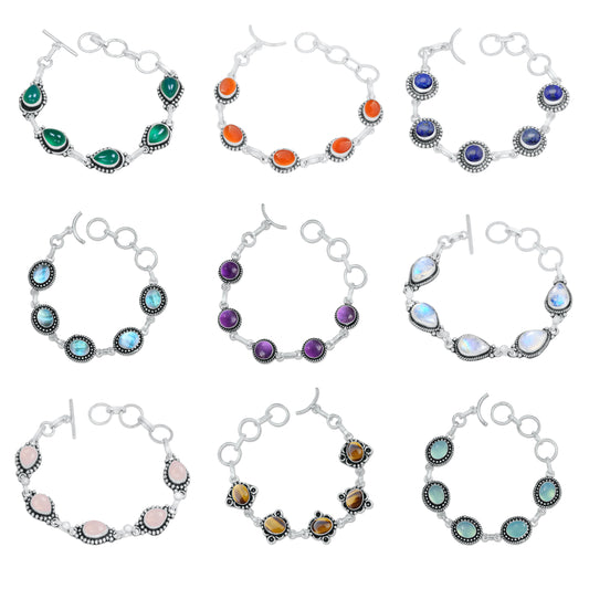 Natural Multi Color Gemstone Handmade Chain Bracelets For Women Wholesale Lot Assorted Crystal Silver Plated Bracelets