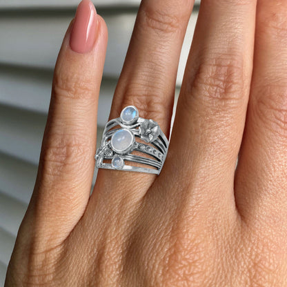 FloraWhirl Sterling Silver Floral Ring – Natural Gemstone Variants | Made to Order