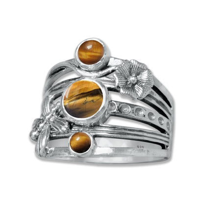 FloraWhirl Sterling Silver Floral Ring – Natural Gemstone Variants | Made to Order